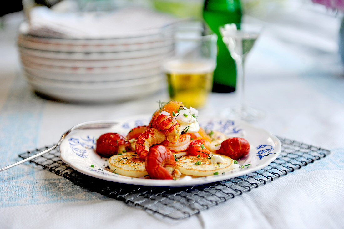 Blinis with crayfish and cream cheese