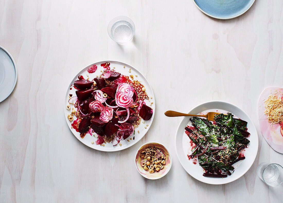 Beetroot salad with barley and hazelnut, stir-fried beetroot leaves with coconut and spices