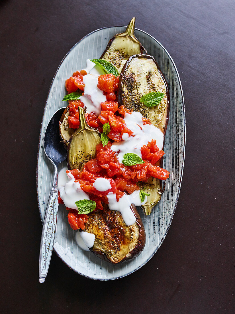Grilled aubergines with yoghurt and za'atar