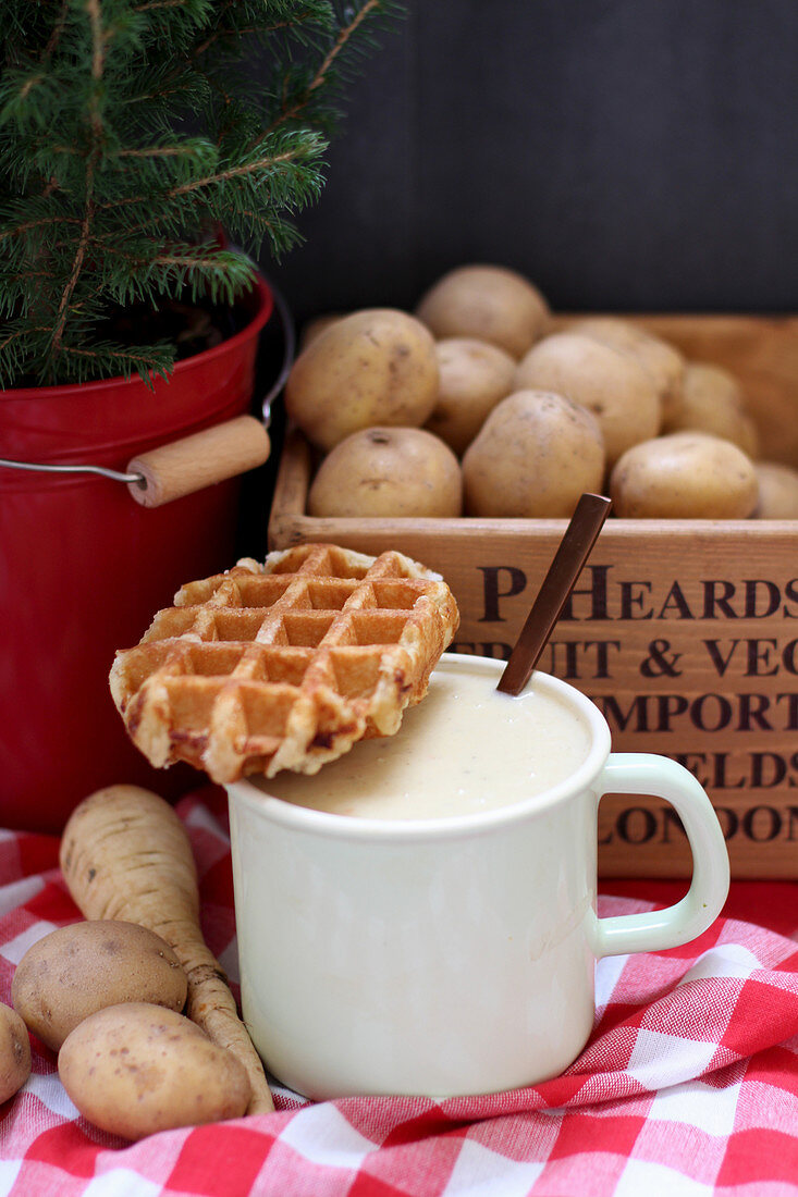 Potato soup with a waffle