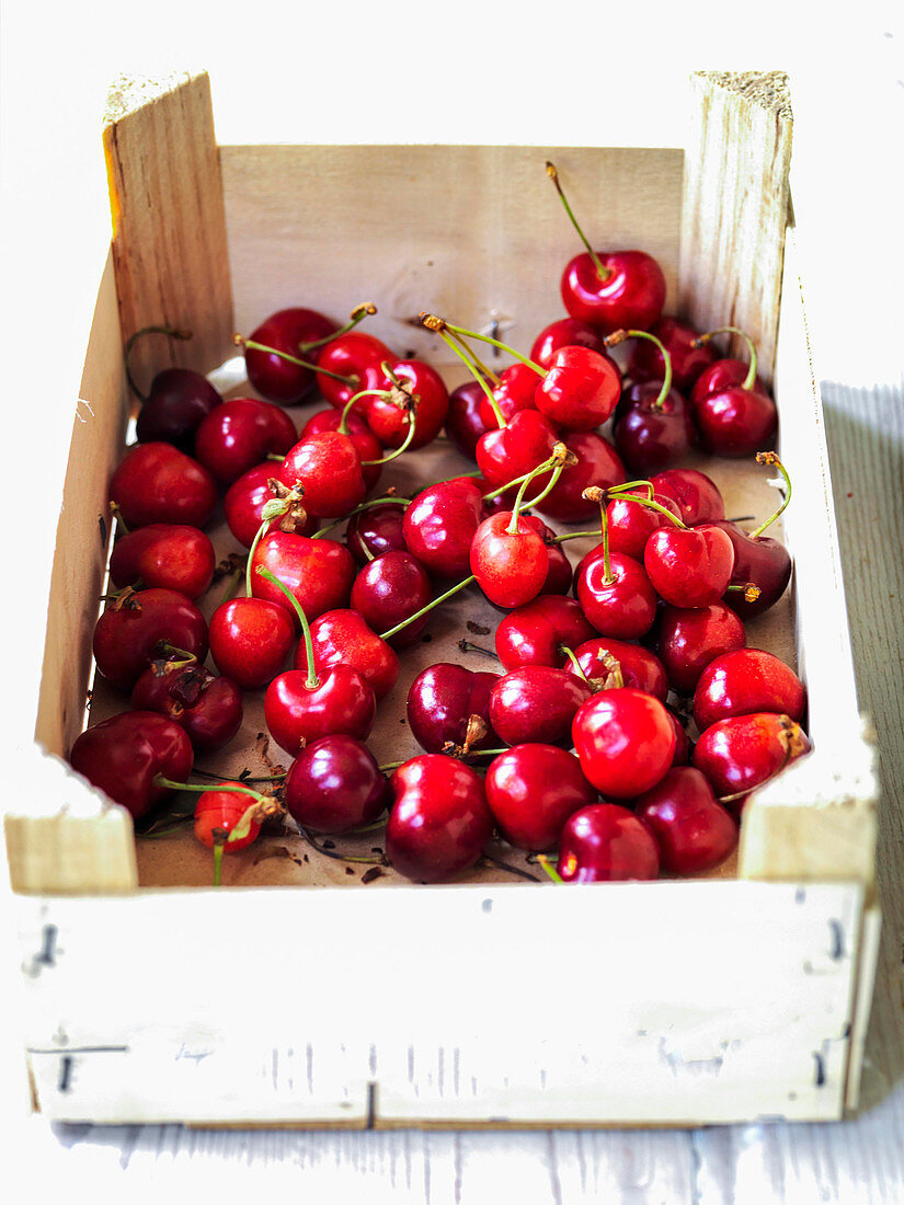 Red cherries in a fruit shipping box