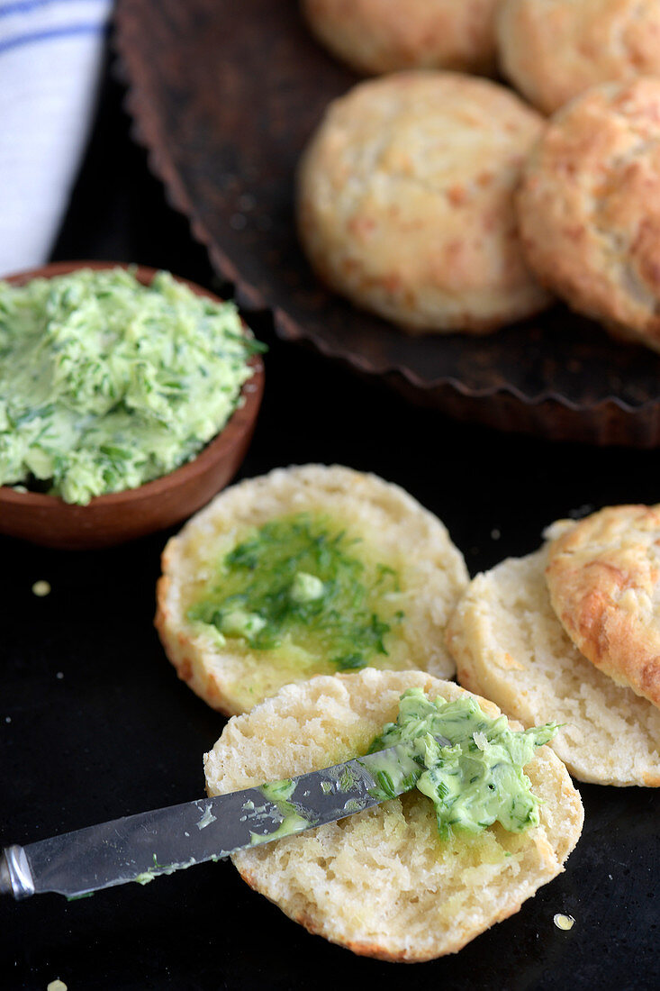 Warm cheese scones with chive butter