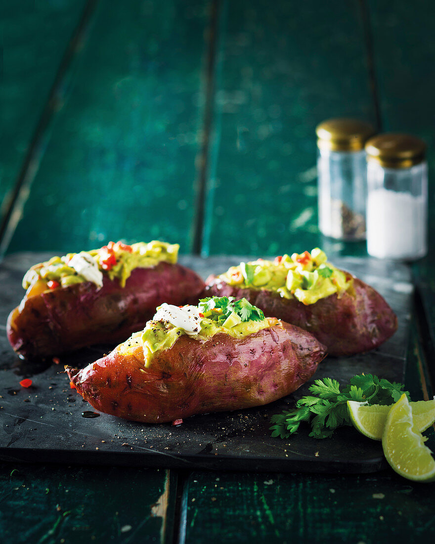 Mexican sweet potatoes with avocado, chillies and cottage cheese
