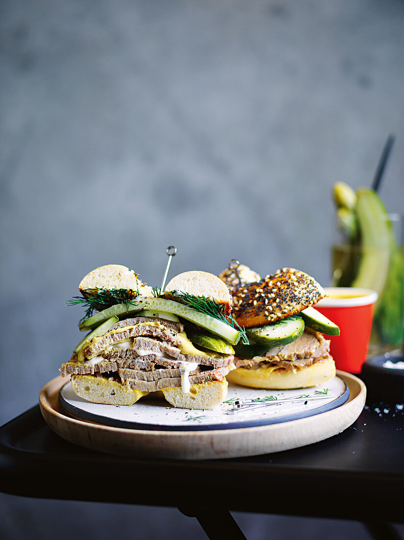 Salt beef bagel with mustard and pickles