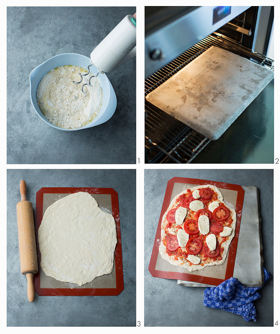 Pizza mit Tomaten und Mozzarella auf heißem Stein zubereiten