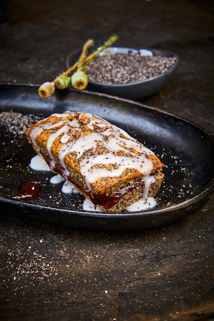 Gluten-free nut and poppy seed cake with plum jam