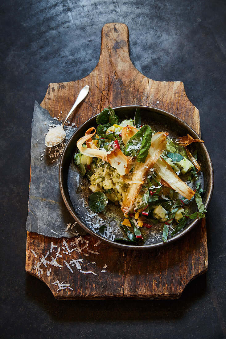 Parsley root risotto with chard and gruyere