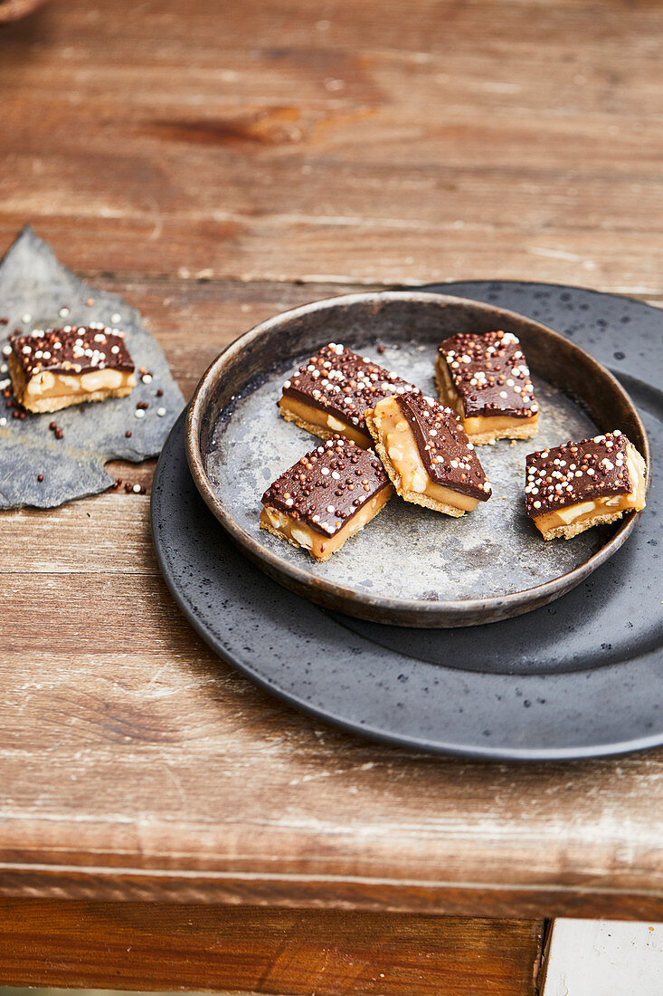 Chocolate caramel bars with roasted cashew nuts