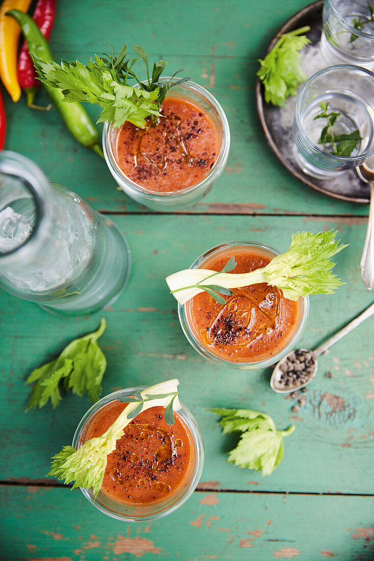 Bloody Mary shots with cucumber and peach