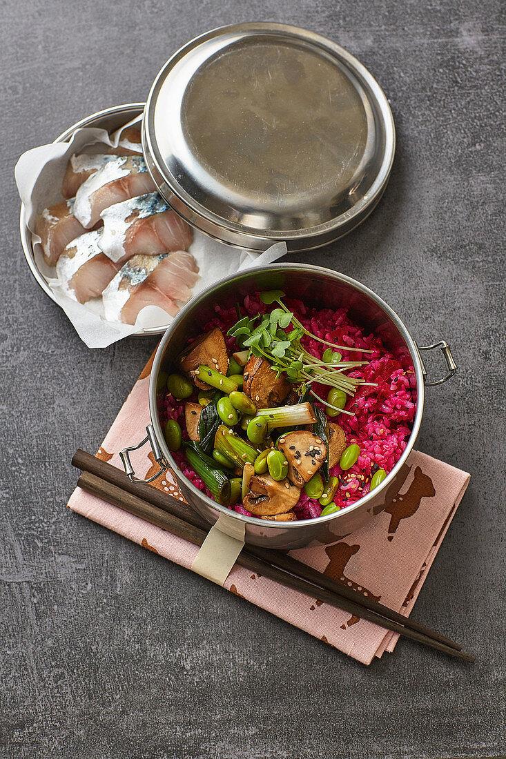 Beetroot and sesame seed rice with a mushroom medley and salted mackerel