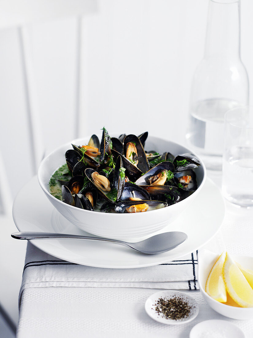 Mussels in a white wine broth