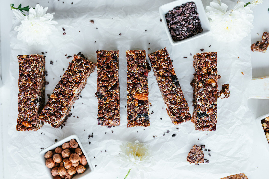 Healthy crunch bars made with honey cocoa and different type of nuts