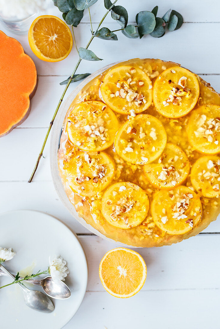 Pumpkin and oranges tarton white table