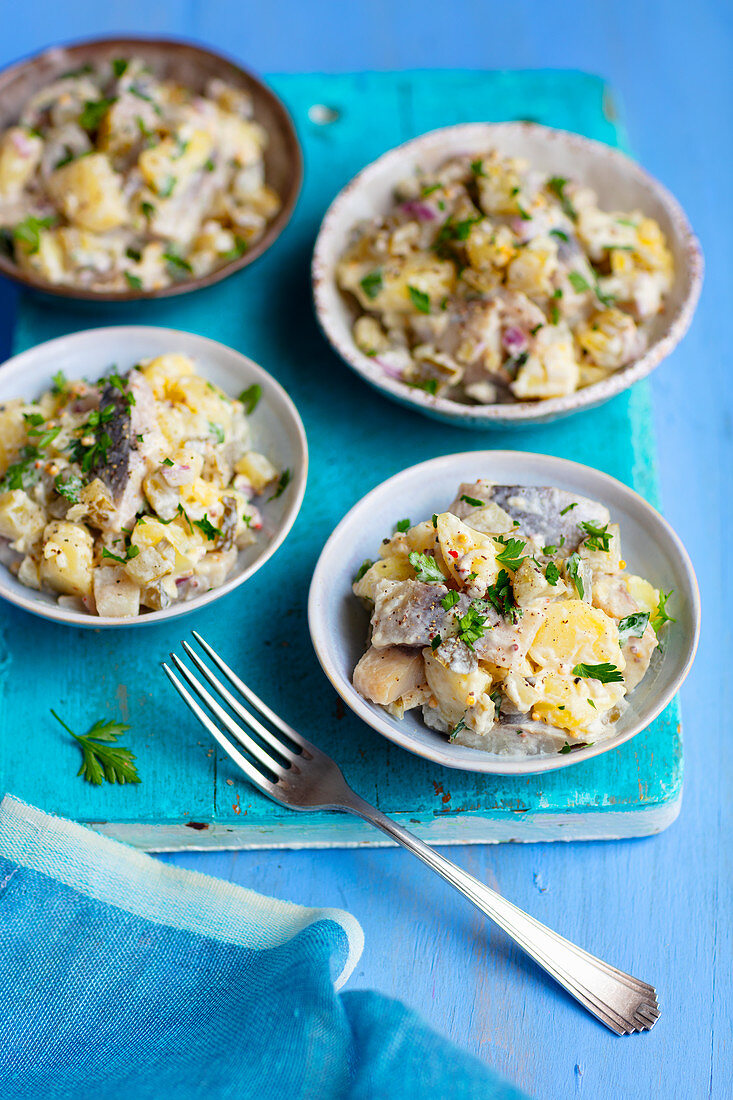Herring and potato salad with sour cucumber