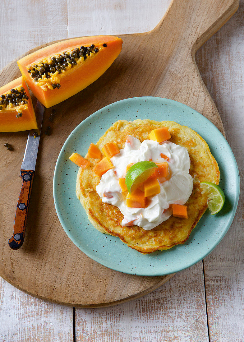 A coconut pancake with papaya quark