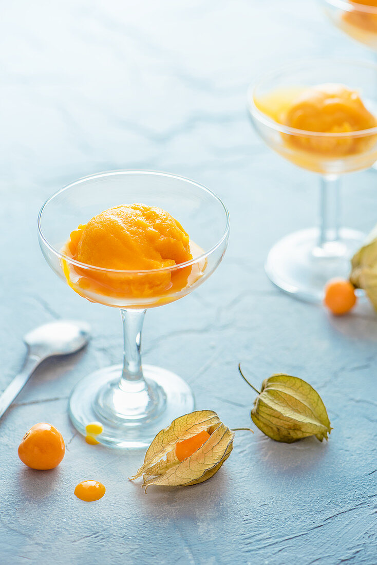 Mangosorbet mit Mangosauce und Physalis