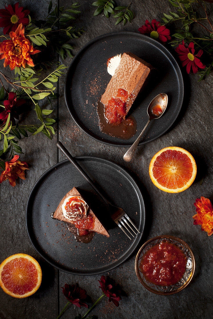 Slices of Chocolate Mousse Cake with Blood Orange Compote