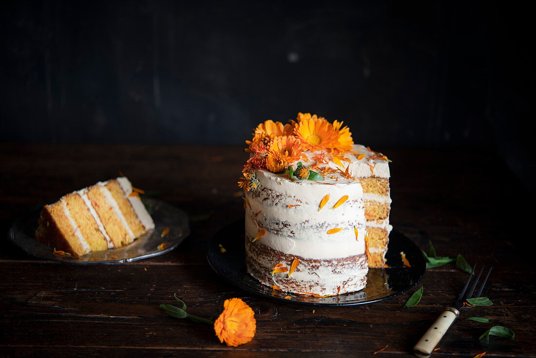 Carrot Cake Decorated with Calendulas