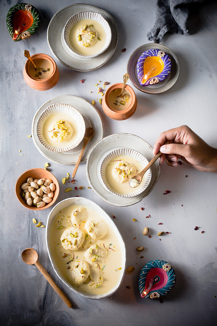 Ras malai, an Indian sweet delicacy, having a rich cheesecake texture