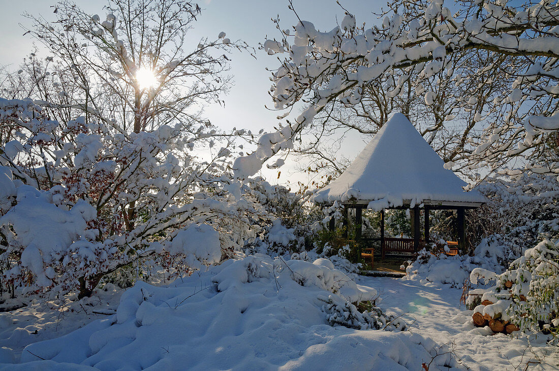Snow-covered pavilion in wintry garden