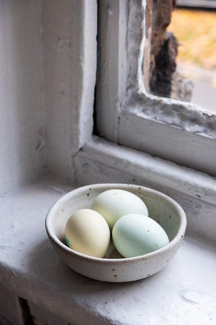 Eier in Schüssel vor altem Fenster