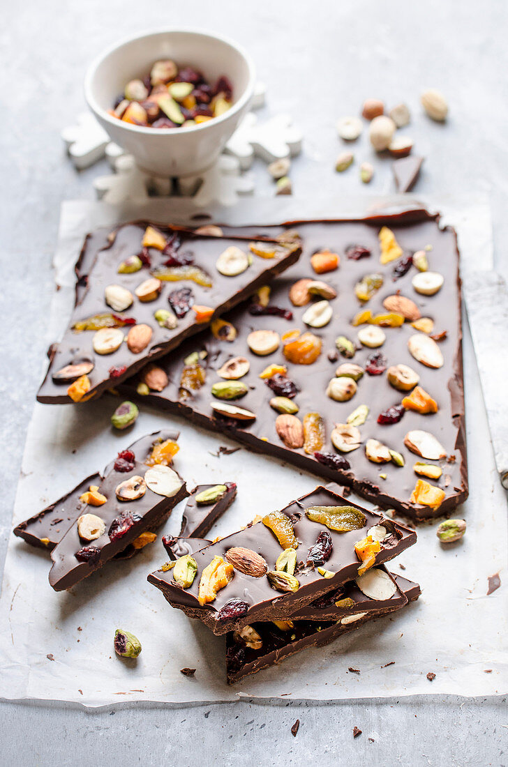 Chocolate slab with dried fruits and nuts