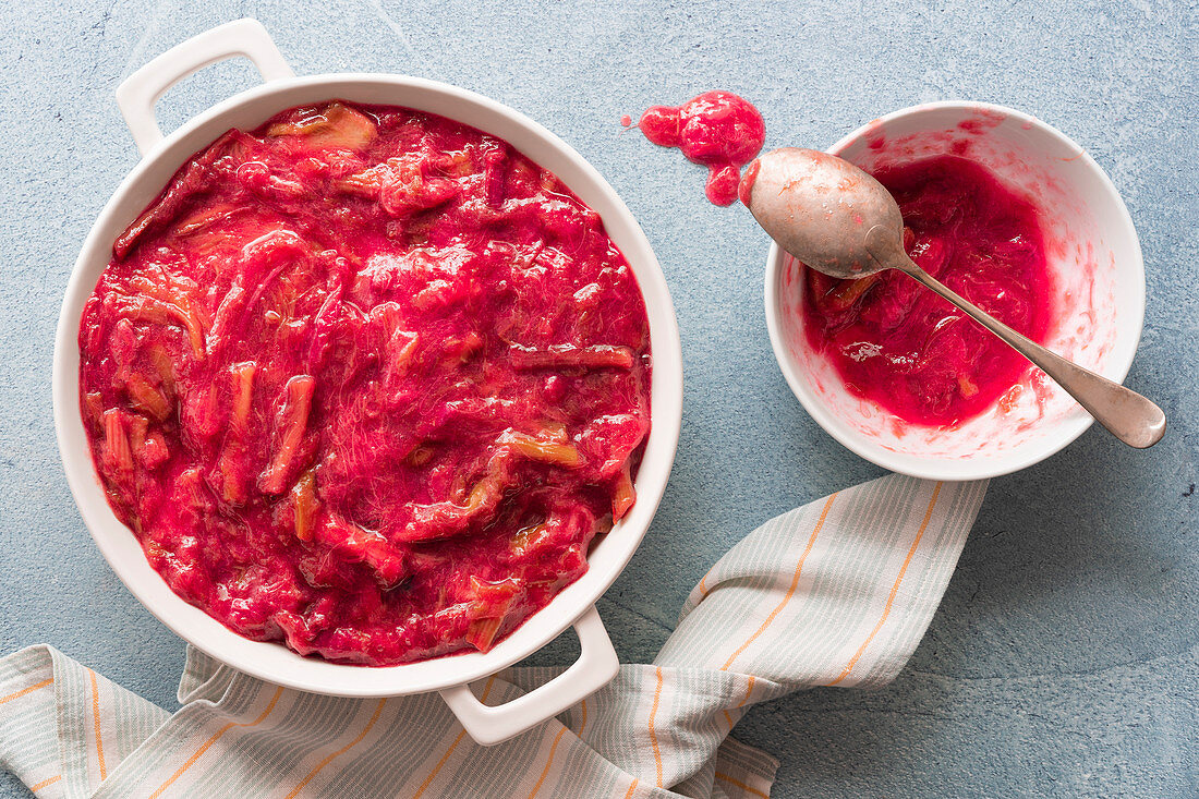 Cooked rhubarb spread over a rice pudding