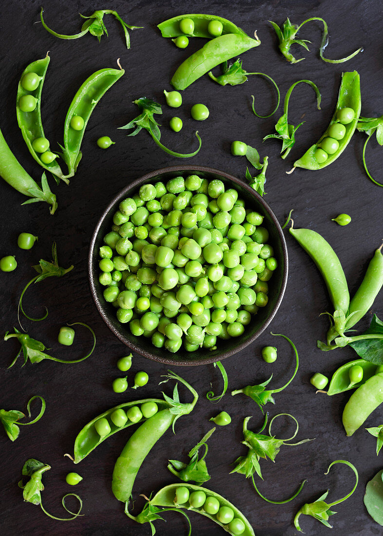 Shelled green peas and pea pods on a black background