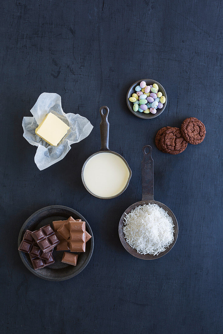 Ingredients for a fridge chocolate tart with Easter eggs