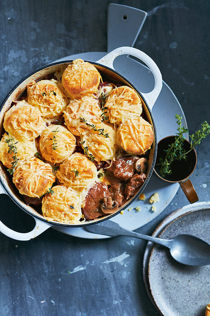Beef bourguignon with cheesy scone dumplings