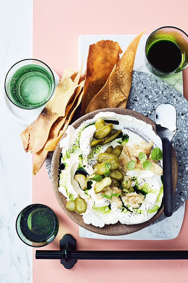 Confit garlic and labneh with chickpea crackers