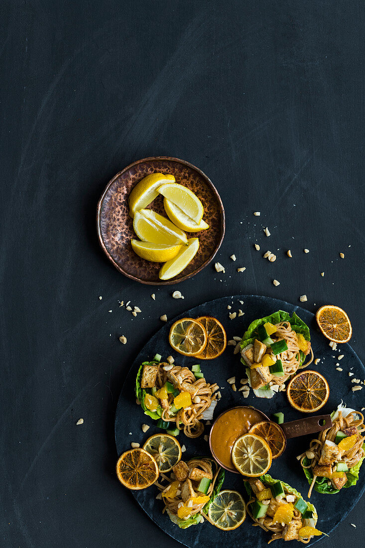 Crispy tofu lettuce cups with spicy peanut sauce