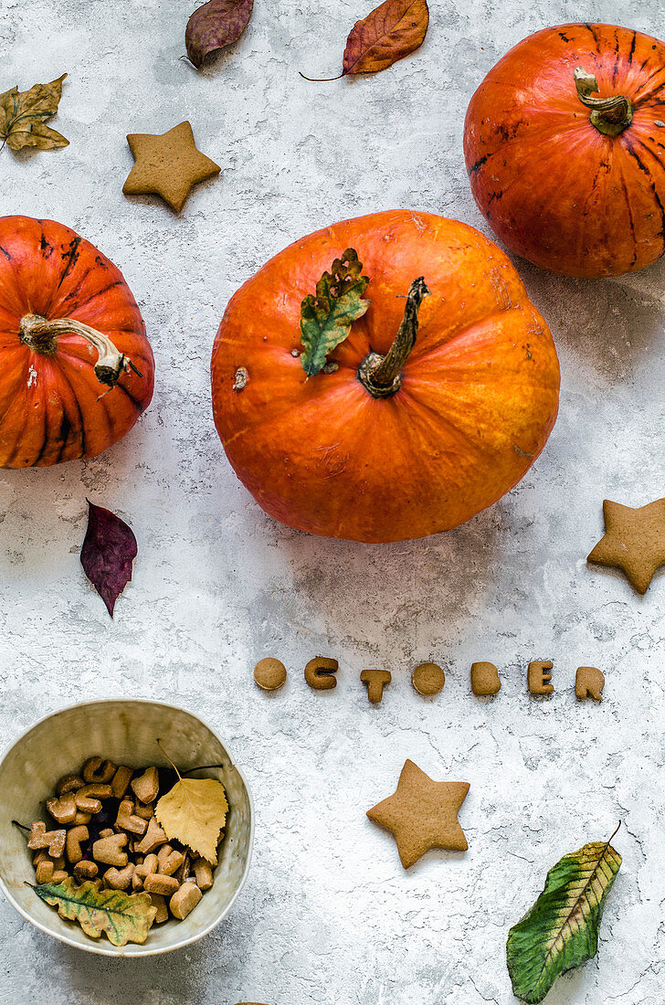 Cookies in the form of stars and letters from which the word October is laid out, pumpkins and autumn leaves