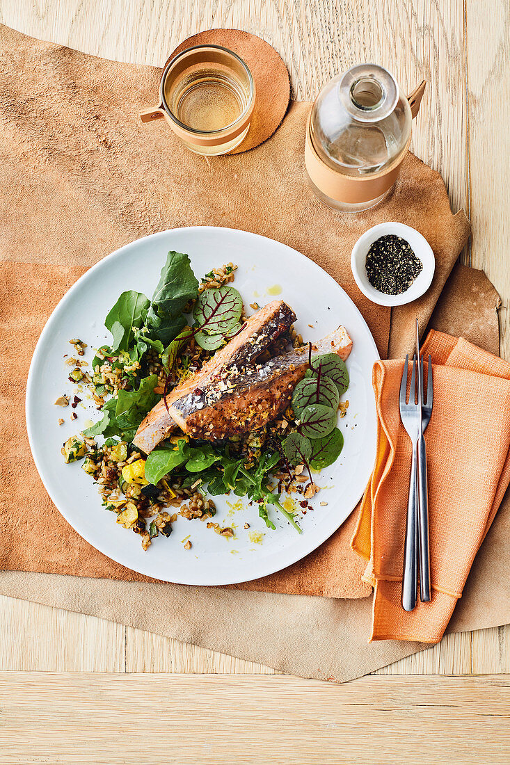 Spanish-style salmon with lemon roasted rice