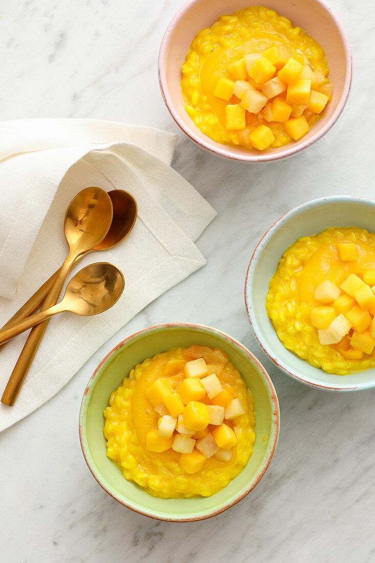 Safranmilchreis mit Apfel-Mango-Kompott