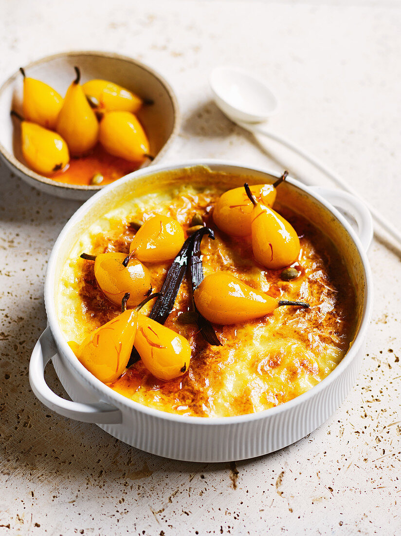 Baked saffron kheer with saffron and vanilla pears