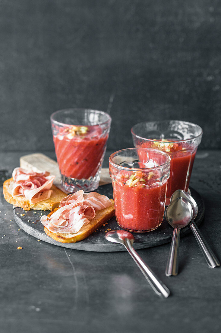 Strawberry and watermelon gazpacho with basil and toasted bread
