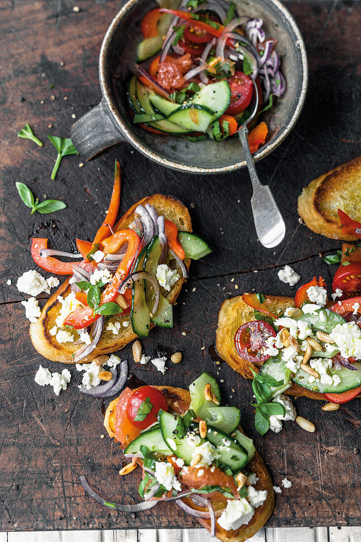 Greek salad sandwiches with feta and grapefruit