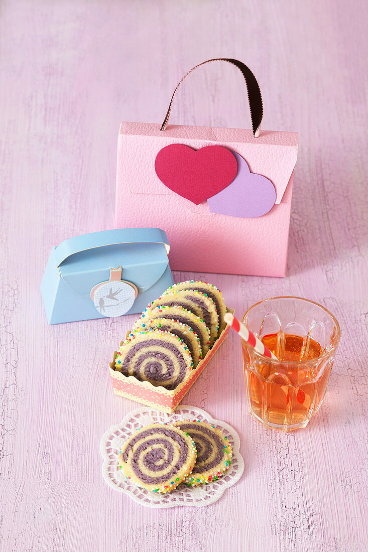 Colourful swirl cookies with sugar pearls