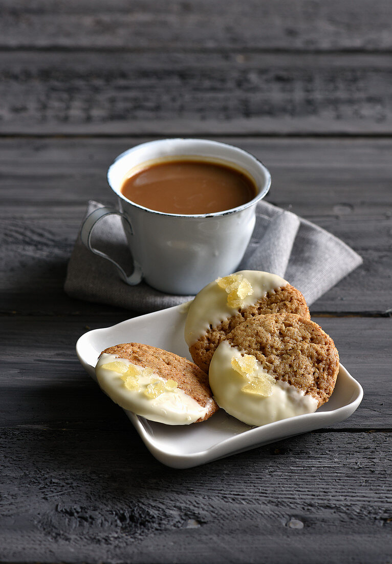 White chocolate and ginger cookies for serving with coffee