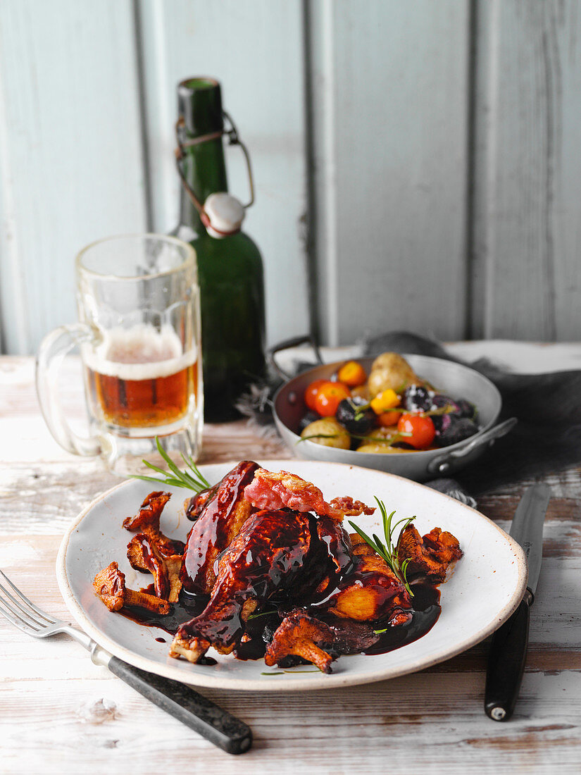 Coq au Bière – braised chicken in dark beer with oven-roasted vegetables