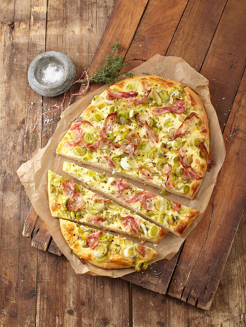 Leek and bacon tarte flambé