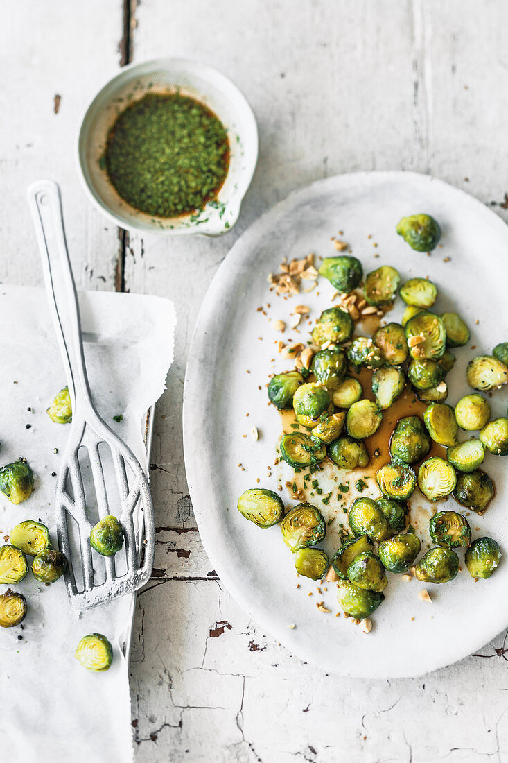 Sweet and sour crispy brussels sprouts with peanuts