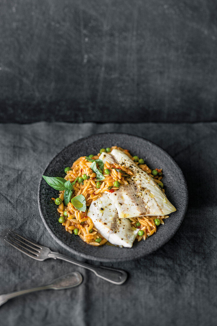 Grilled sea bass with orzo pasta