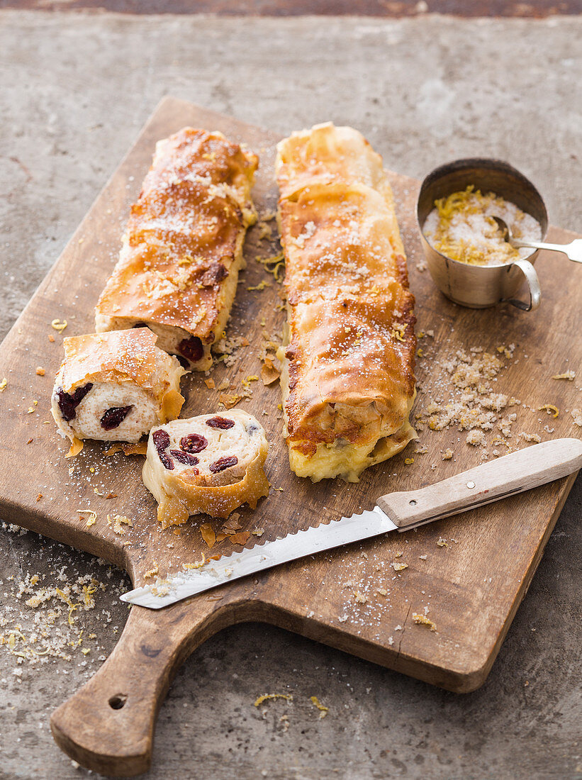 Creamy milk strudel with cranberries and lime sugar