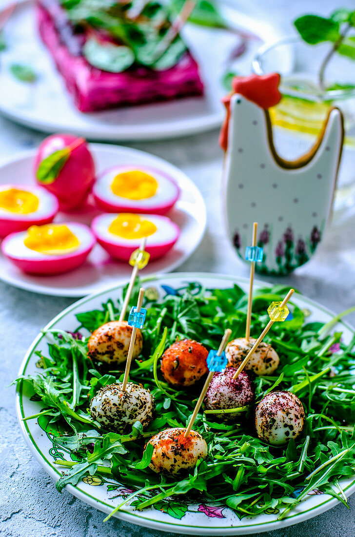 Easter quail eggs in a variety of spices