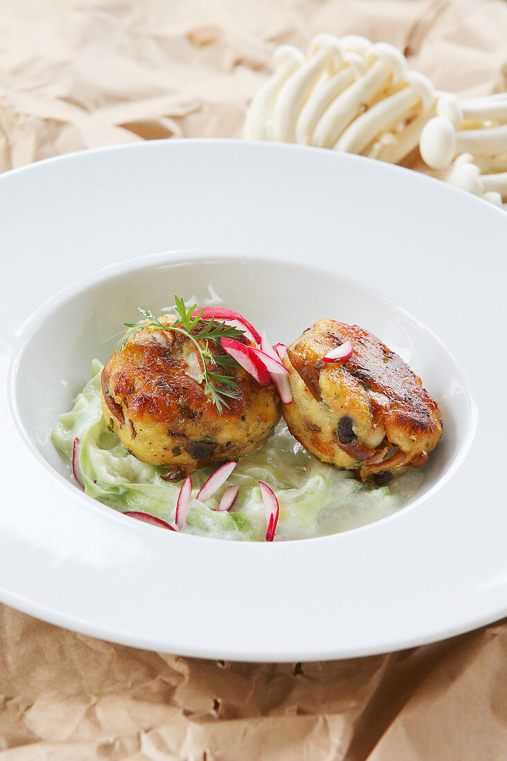 Shimeji mushroom fritters with creamy cucumber noodles