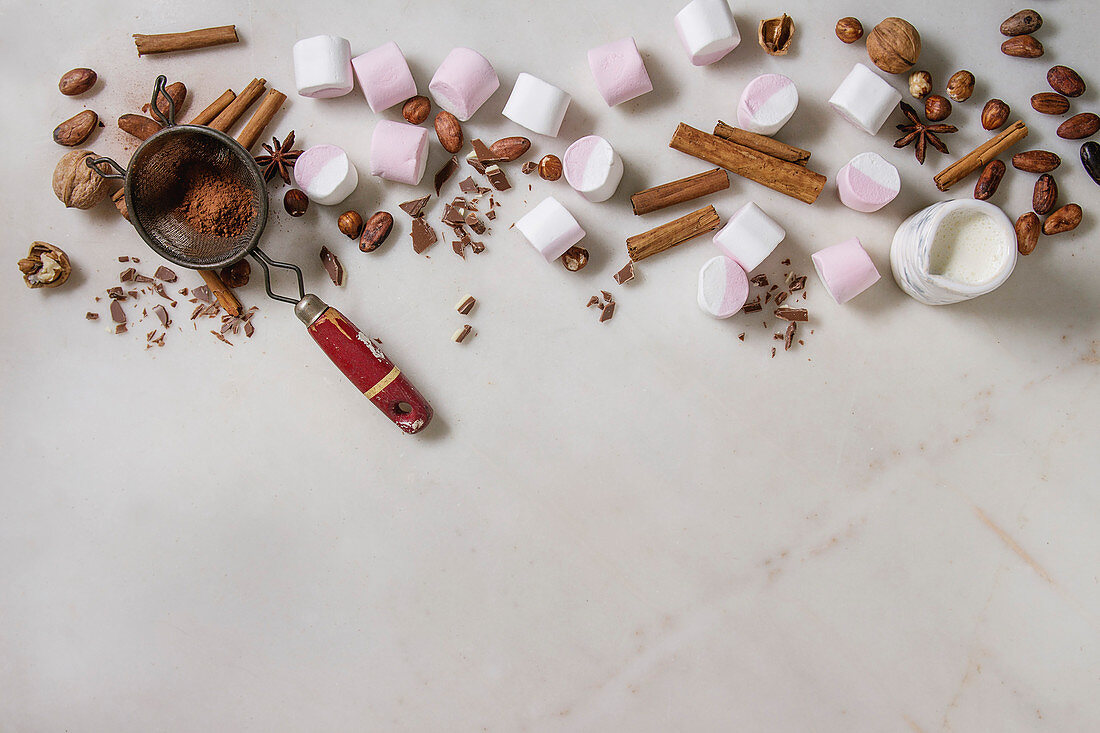 Ingredients for hot chocolate: White pink big marshmallow, cocoa beans, cocoa powder, cinnamon, chopped chocolate and nuts
