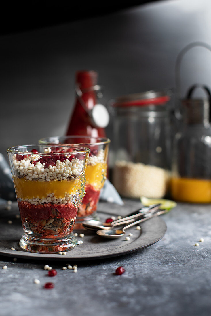 Mango and raspberry mousse with puffed millet