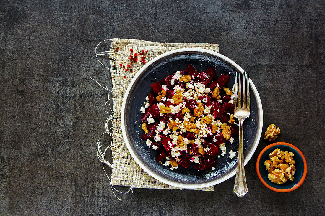 Roasted beetroot salad with walnut and feta cheese